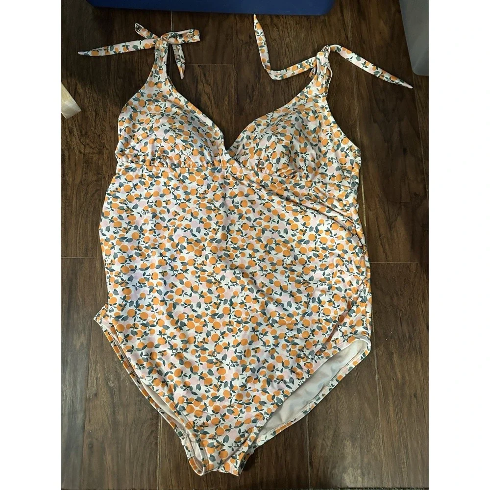 Isabel Maternity XXL One Piece Maternity Swimsuit Cute Orange Print With Ties